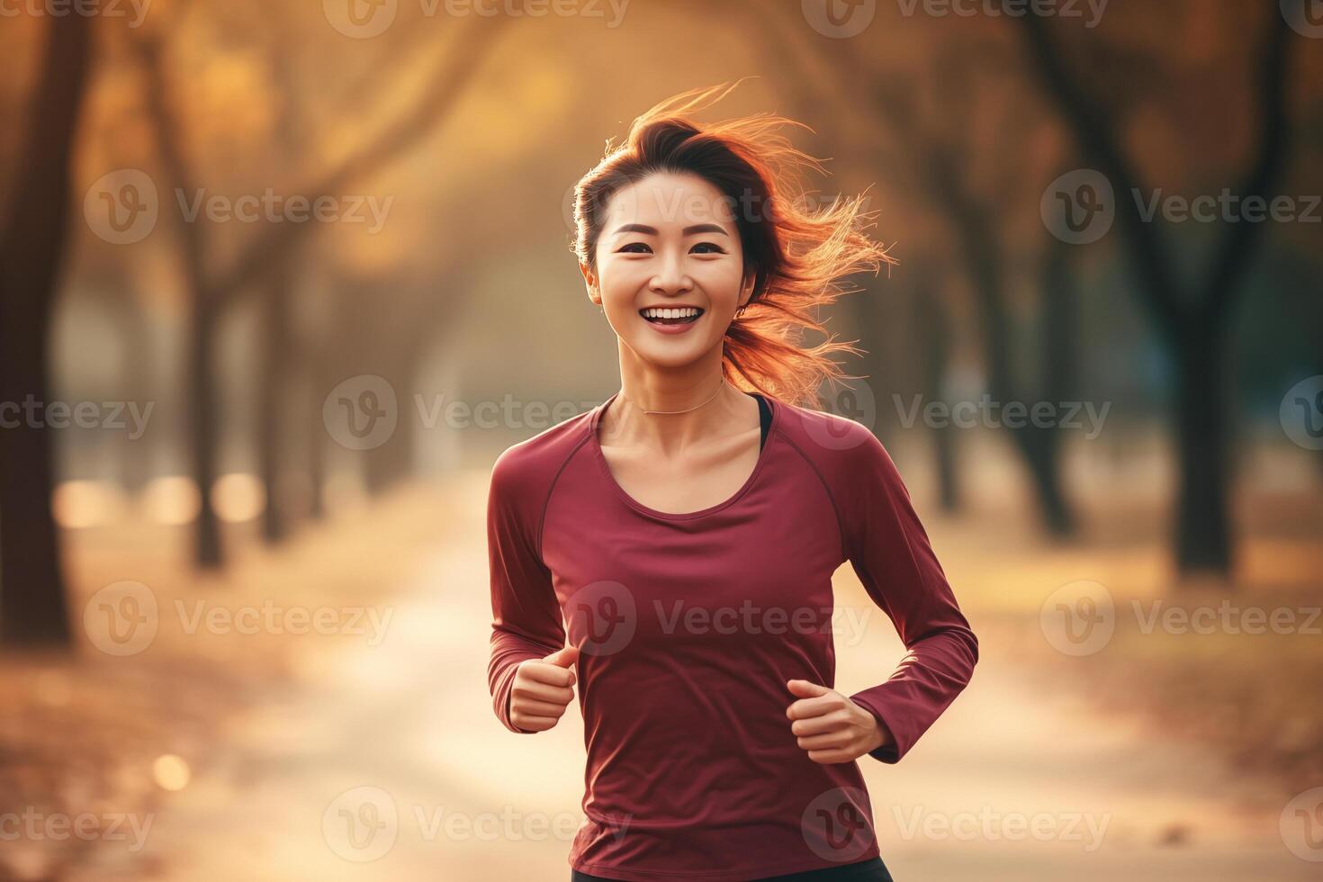 ai generato contento e salutare asiatico giovane donna in esecuzione e jogging foto