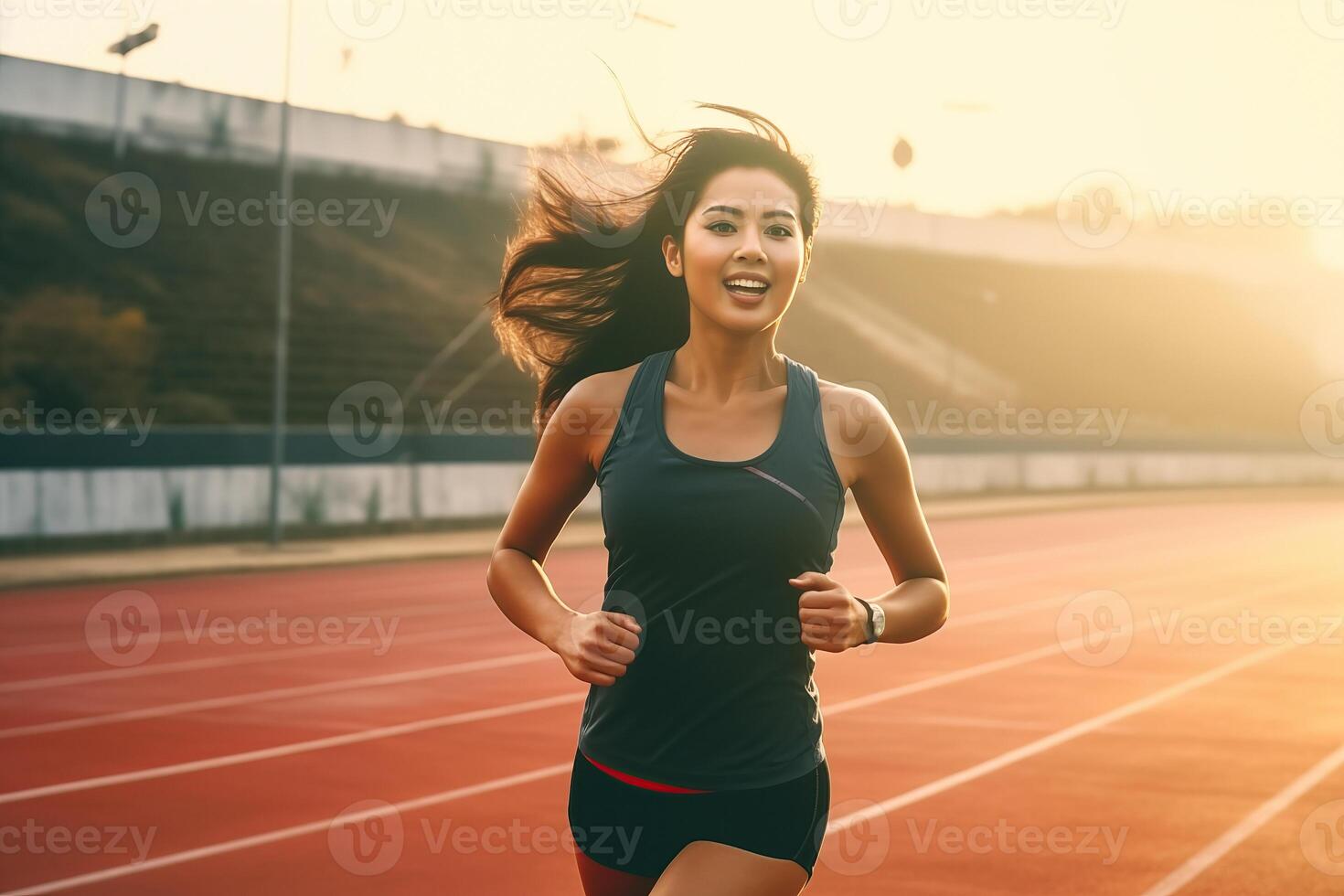 ai generato contento e salutare asiatico giovane donna in esecuzione e jogging foto