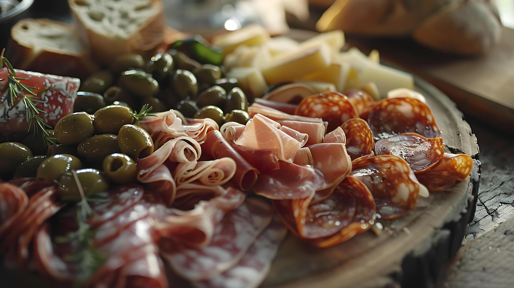 ai generato vivace salumi tavola vetrine assortito formaggi carni olive e pane nel avvicinamento 50mm lente catturare foto