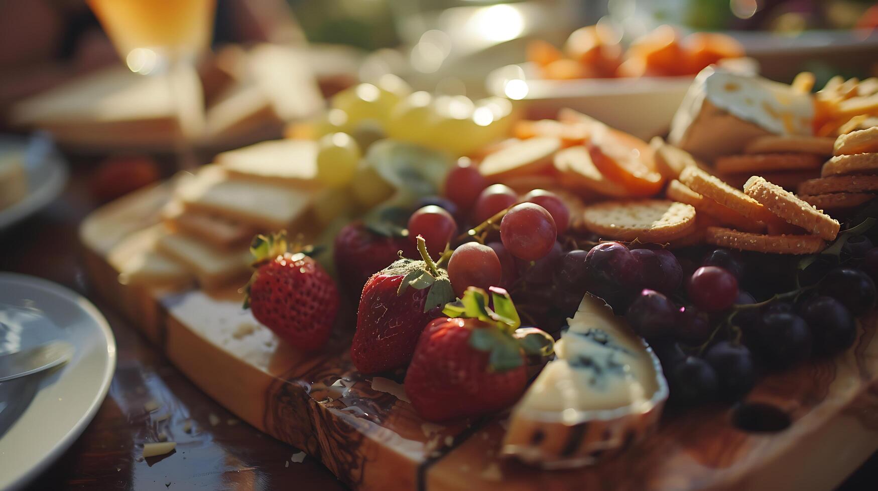 ai generato delizioso salumi Vettore su rustico di legno tavolo assortito formaggi guarito carni olive e artigianale pane foto