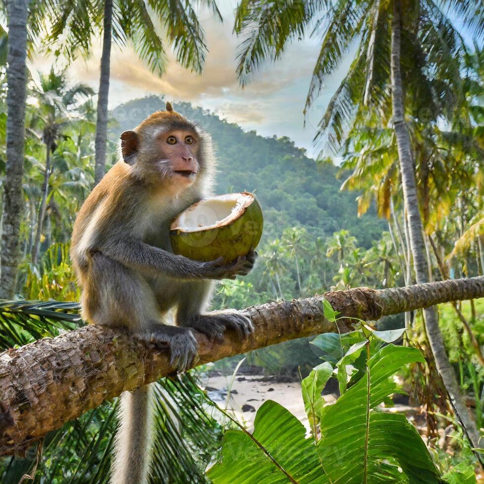 ai generato scimmia mangiare un' Noce di cocco foto