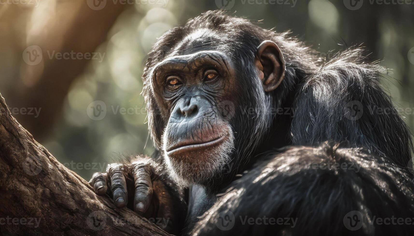 ai generato potente nero gorilla seduta pacificamente su ramo foto