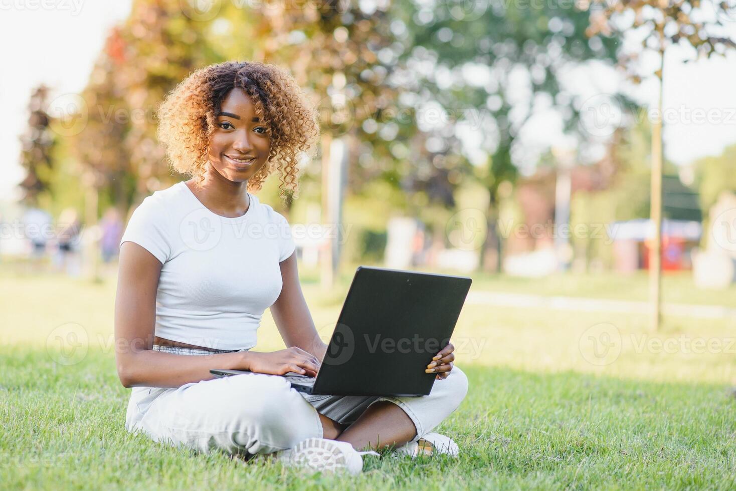 giovane sorridente nero donna seduta all'aperto su erba con computer portatile, digitando, fare surf Internet. tecnologia, comunicazione, formazione scolastica e a distanza Lavorando concetto, copia spazio foto