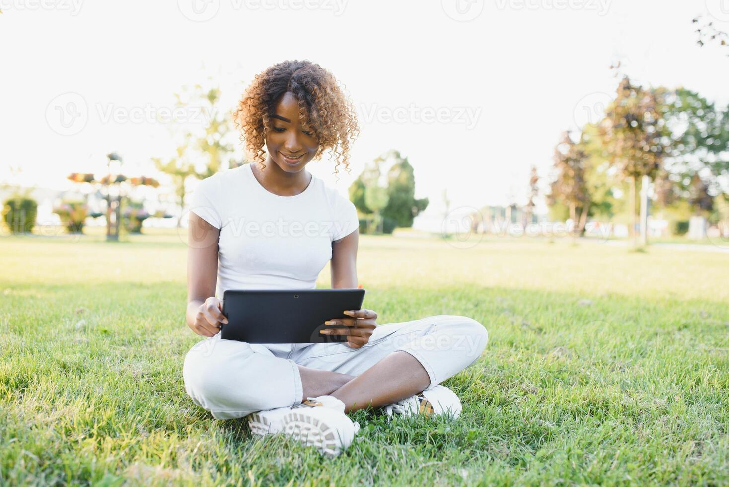 in linea comunicazione, formazione scolastica o opera concetto. bella africano americano signora con tavoletta computer a parco foto