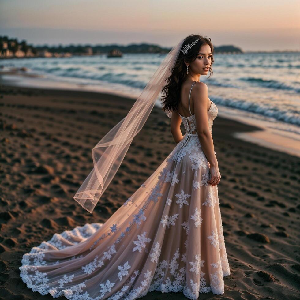 ai generato bellissimo ragazza sposa nel un' rosa bianca Tesoro tulle lungo ballo di fine anno toga sta su un' vedere spiaggia. foto