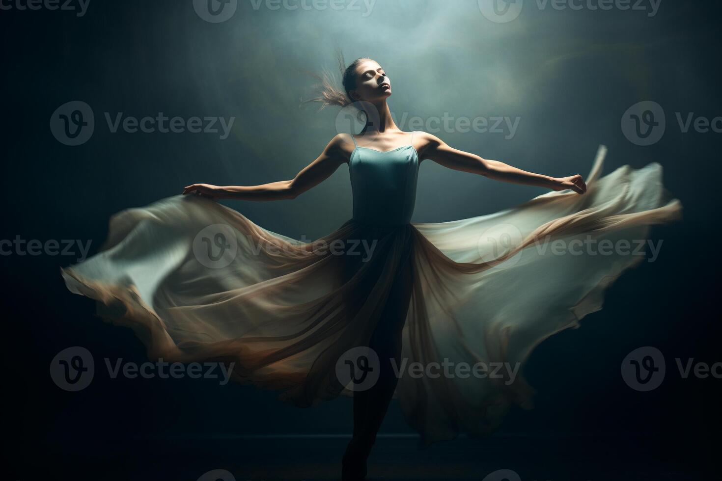 ai generato grazioso balletto ballerino nel movimento catturato con alta velocità telecamera e largo apertura lente foto