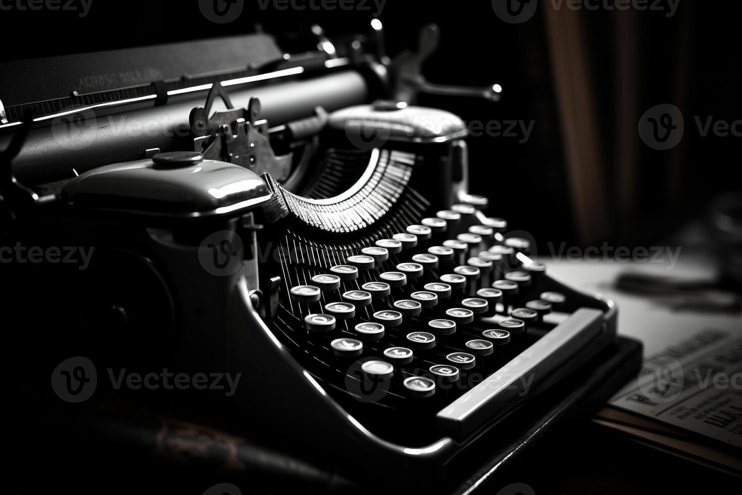 ai generato Vintage ▾ macchina da scrivere nel scrittori studia avvicinamento cattura creatività e scrittura essenza su nero bianca film foto