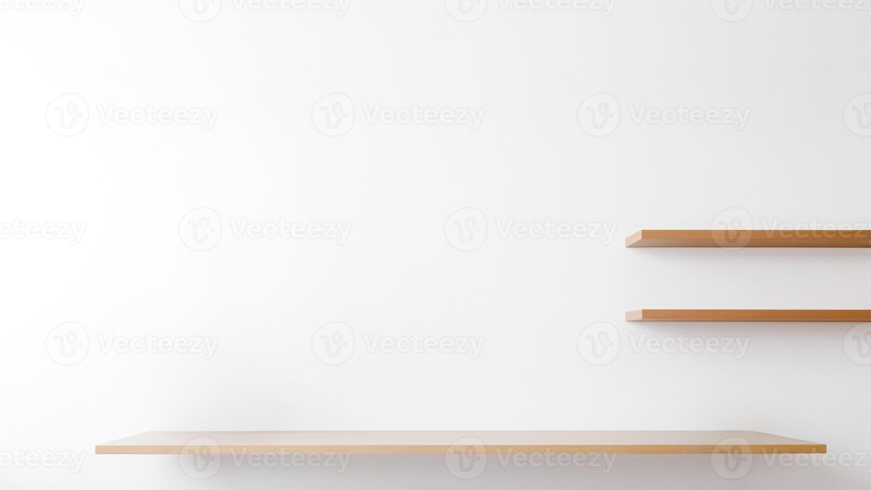 ai generato di legno mensola su bianca parete sfondo. minimalista arredamento. modello. interno design ispirazione e idee. foto