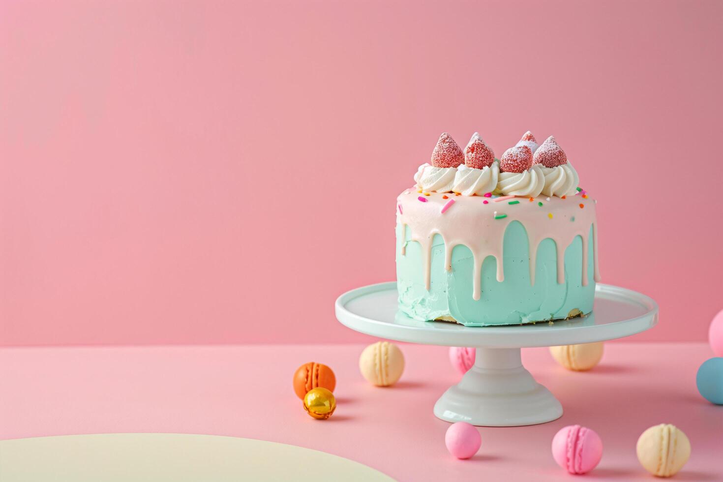 ai generato fantasia arcobaleno crema torta su pastello sfondo foto