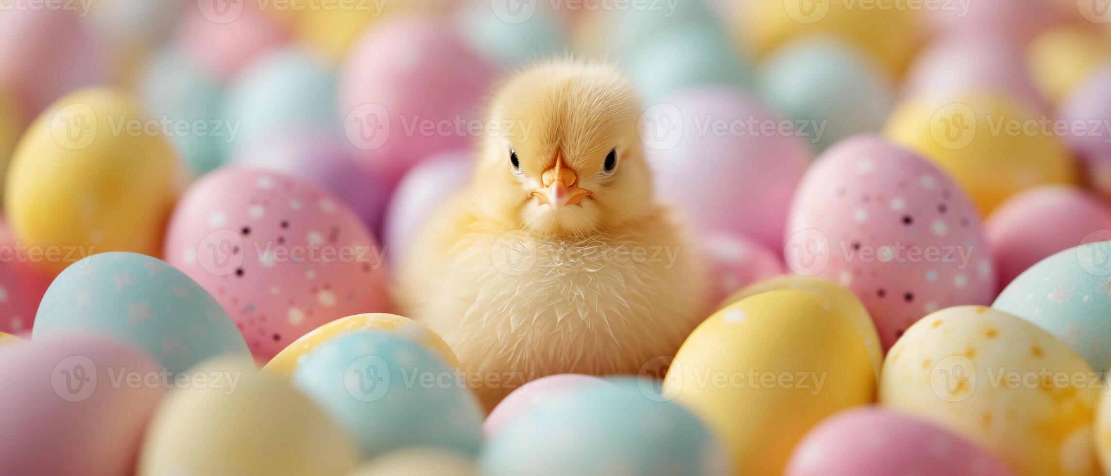 ai generato giallo pulcino è circondato di Pasqua uova nel morbido pastello tonalità. bandiera con copia spazio. ai generato foto