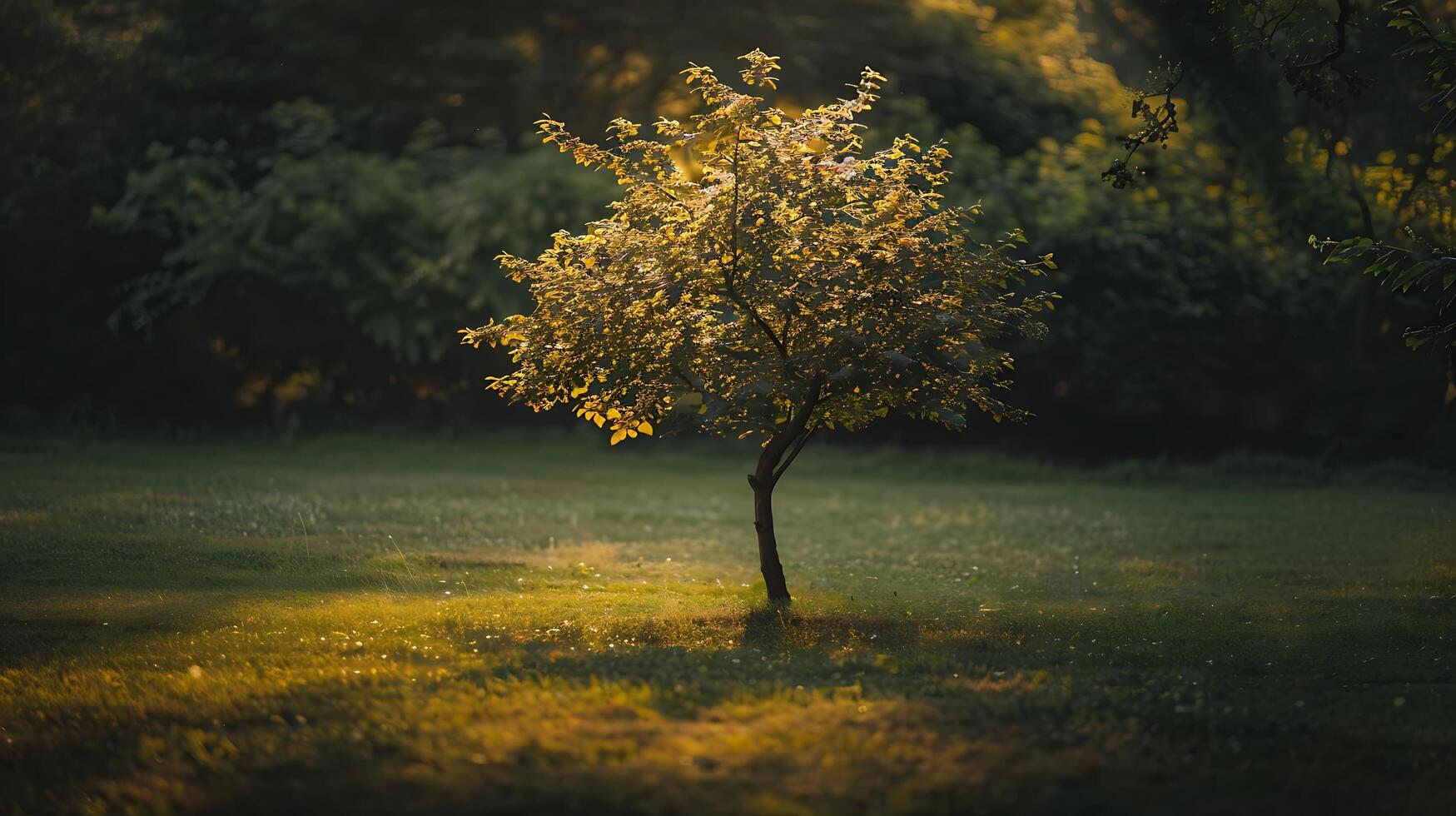 ai generato solitario albero si crogiola nel caldo luce del sole nel vasto verde prato foto