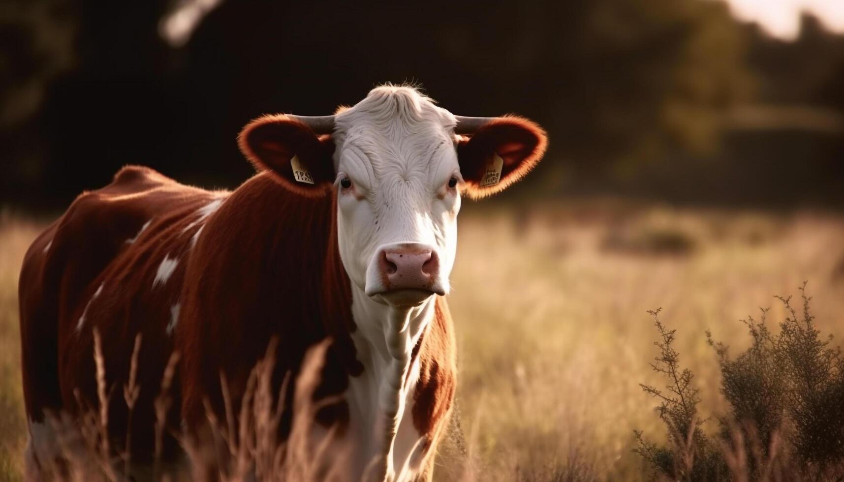 ai generato carino mucca pascolo su verde prato, natura bellezza nel ritratto generato di ai foto