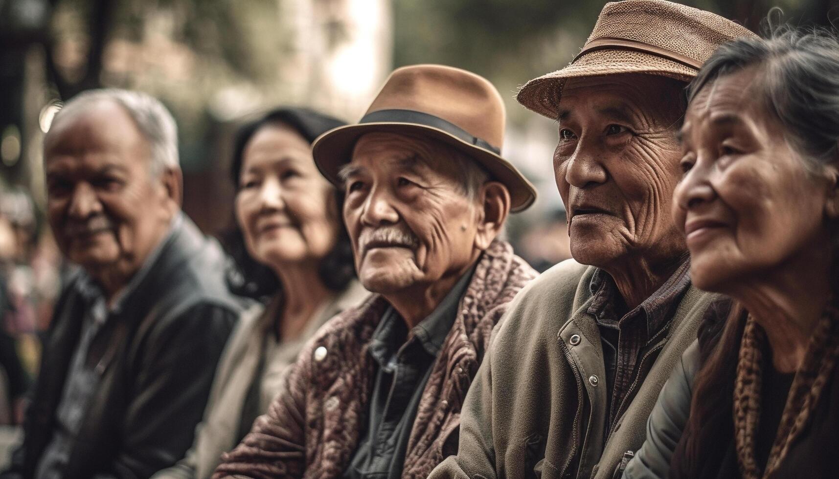 ai generato attivo gli anziani godendo tempo libero attività all'aperto, sorridente e guardare a telecamera generato di ai foto