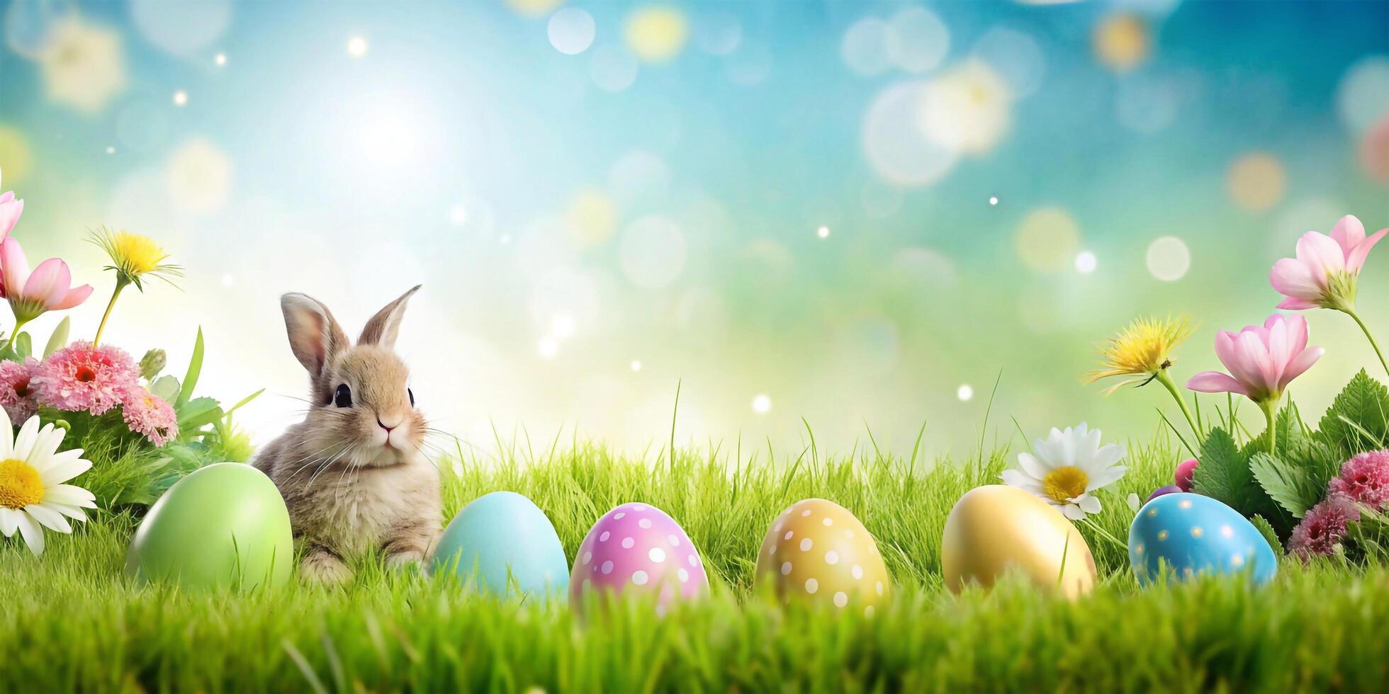 ai generato un Pasqua sfondo con un' coniglietto, uova e fiori foto
