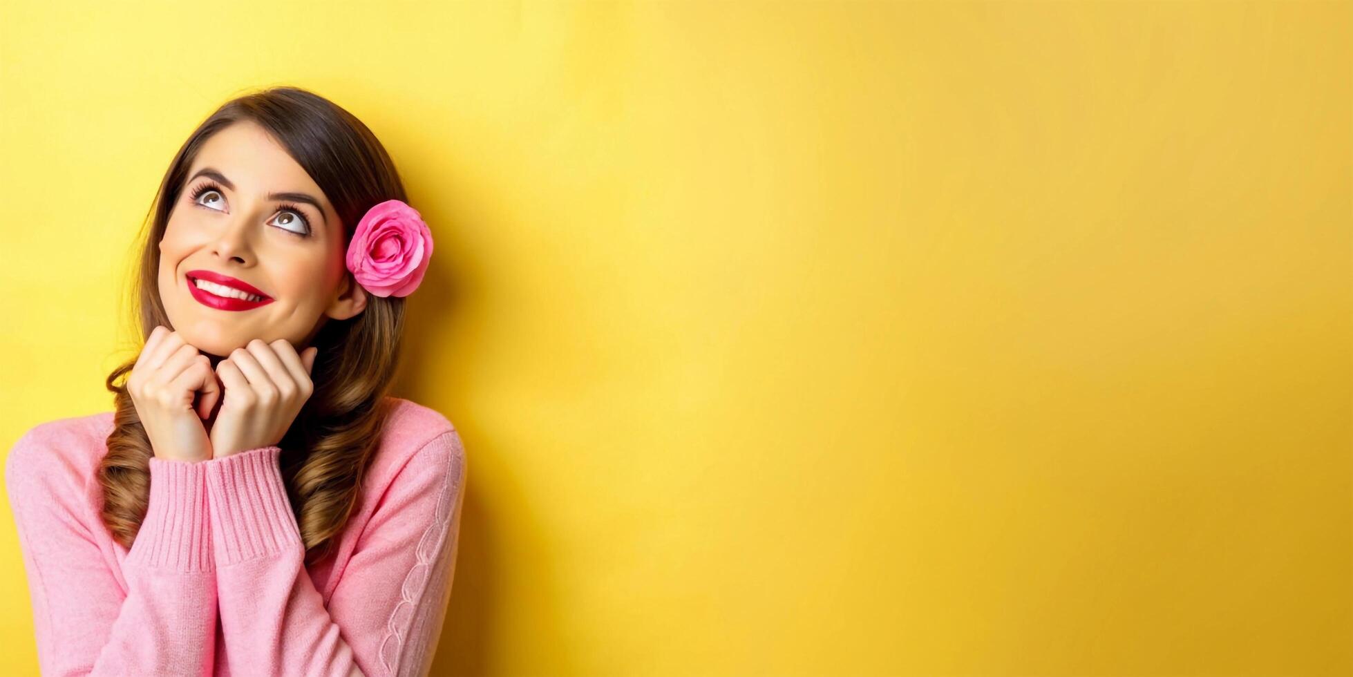 ai generato avvicinamento di corto dai capelli donna guardare su foto