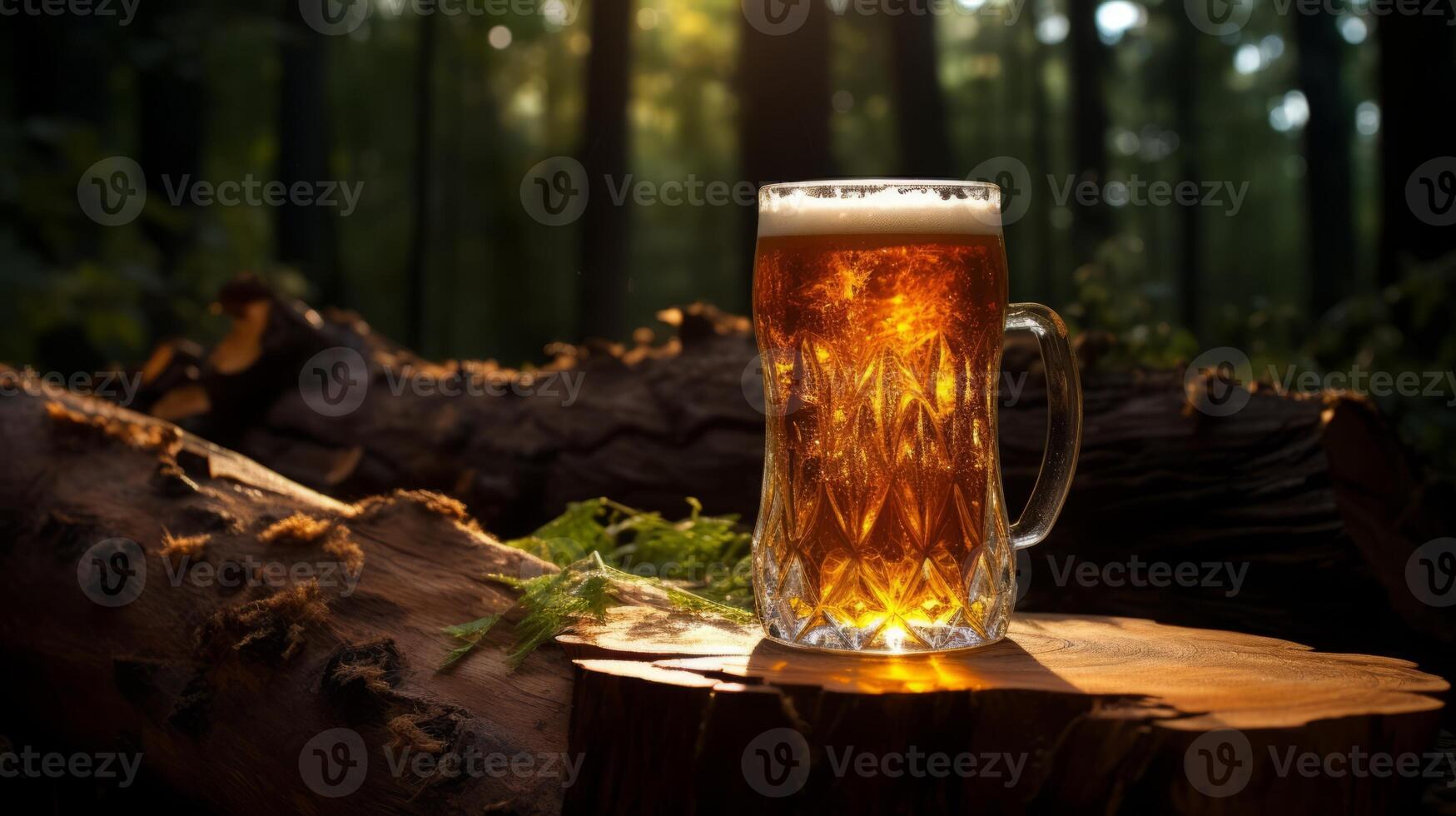 ai generato boccale di birra su un' log nel il foresta a tramonto. foto