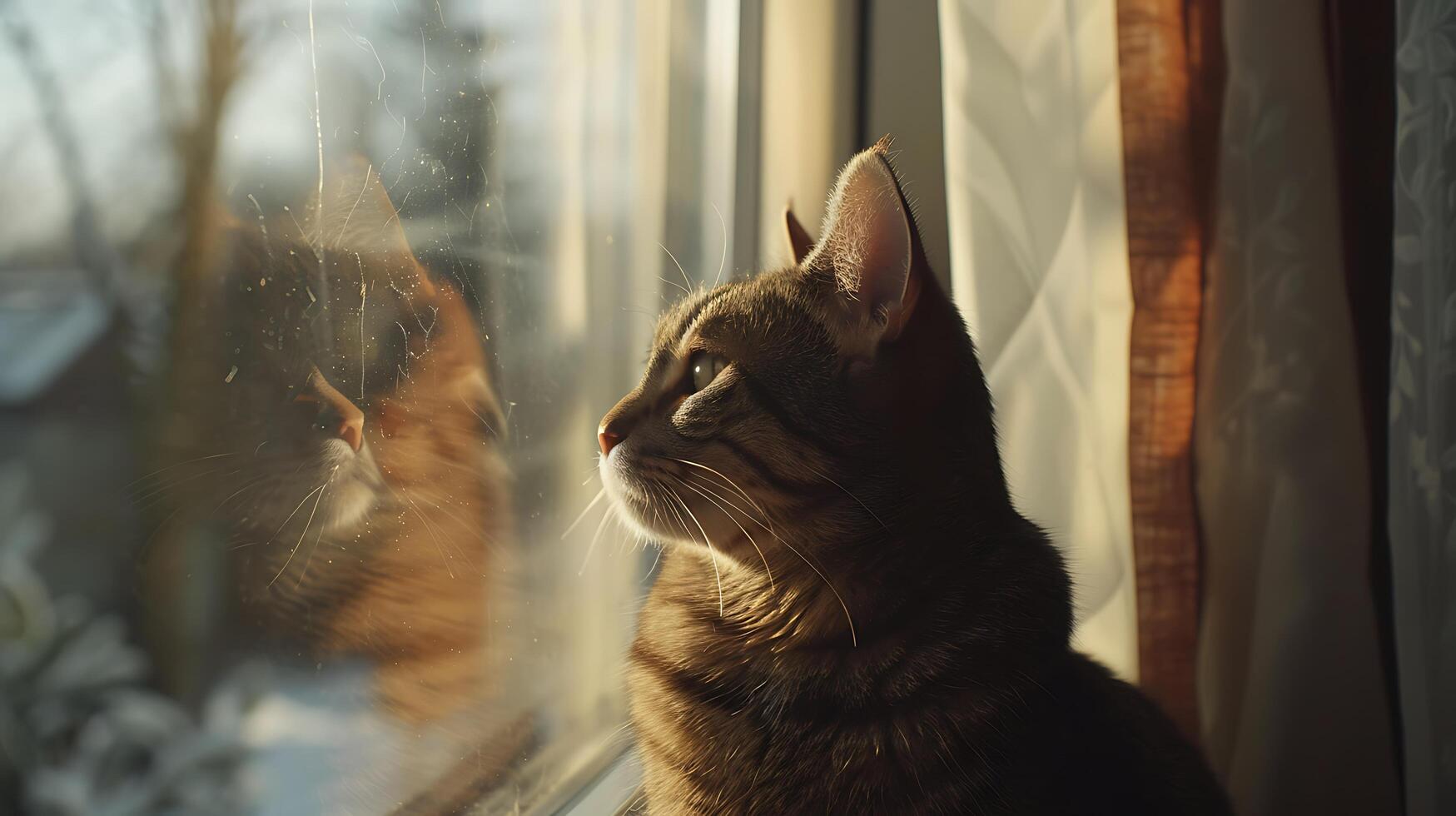 ai generato curioso soriano gatto sguardi a paesaggio urbano bagnata nel morbido naturale leggero foto
