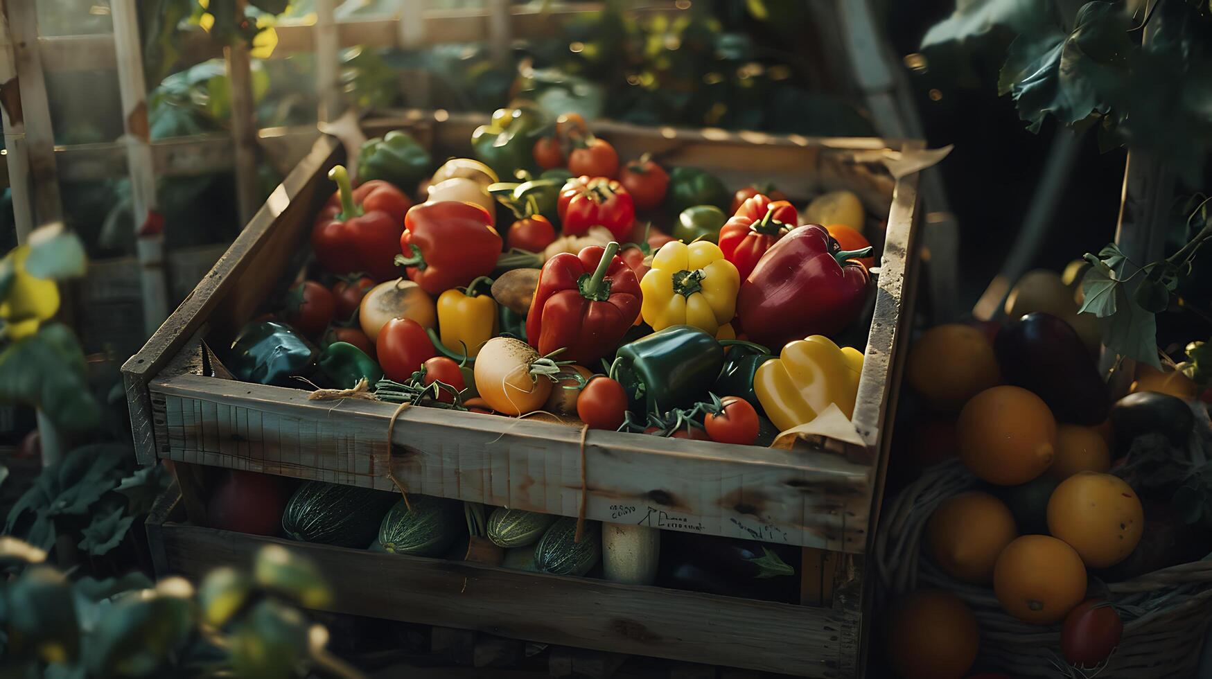 ai generato abbondante raccogliere colorato frutta e verdure nel rustico di legno gabbia illuminato di morbido naturale leggero foto