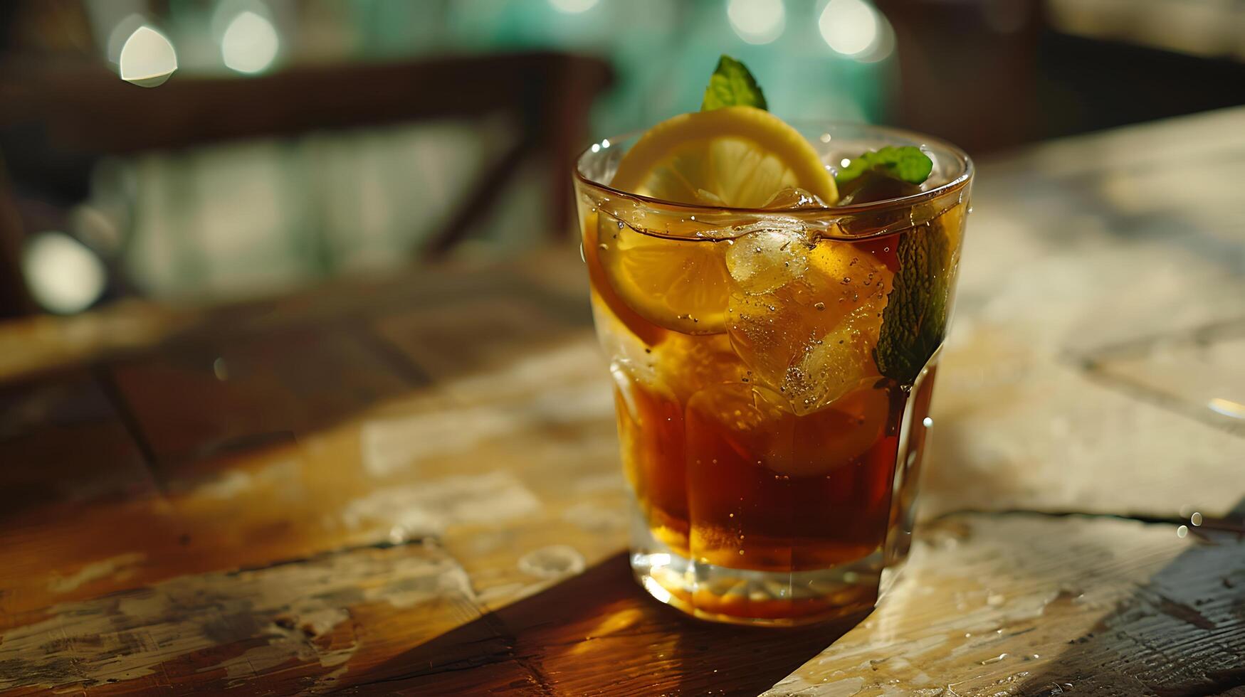 ai generato rinfrescante ghiacciato limonata guarnito con Limone e menta impostato su luminosa all'aperto terrazza sfondo foto