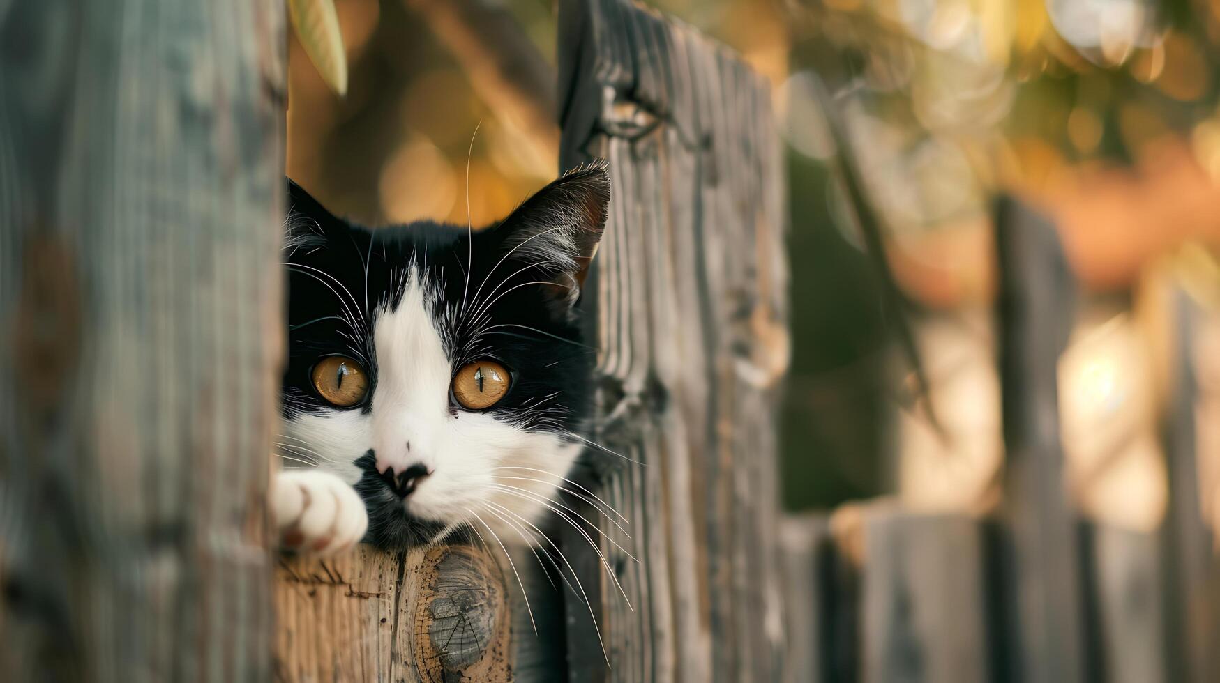 ai generato curioso gatto colleghi attraverso rustico recinto nel idilliaco giardino foto