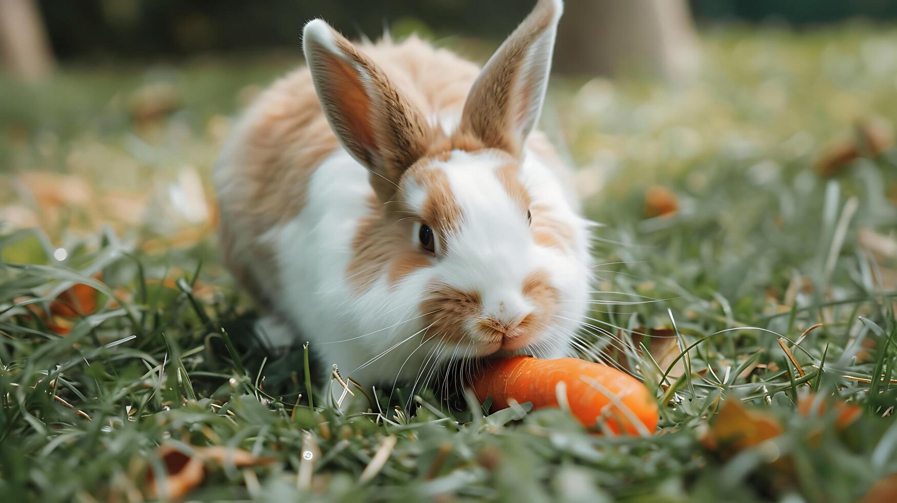 ai generato soffice coniglio gode carota merenda nel erboso campo catturato con avvicinamento 50mm lente foto