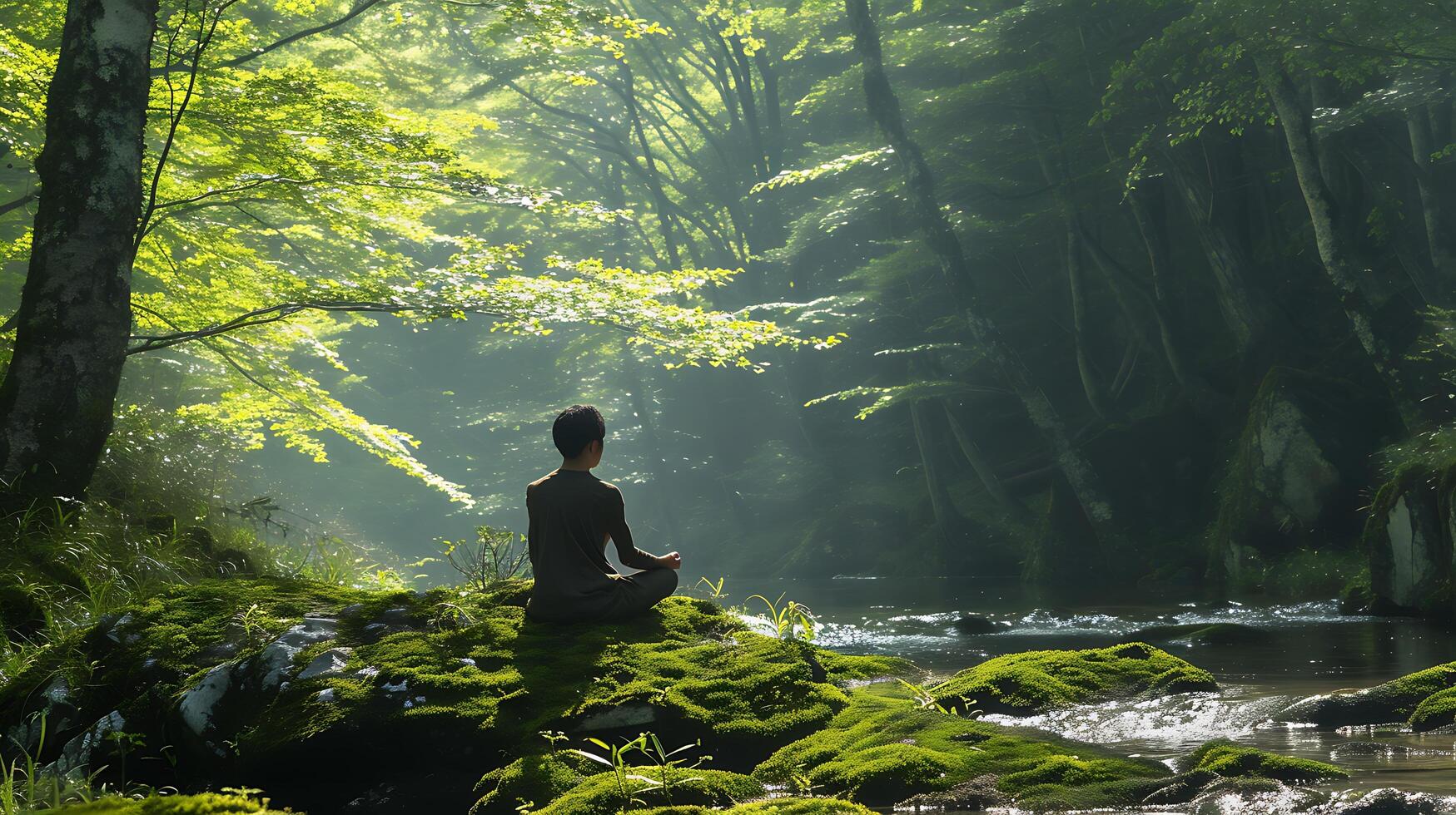 ai generato tranquillo foresta oasi Abbracciare una persona nature pace in mezzo illuminata dal sole alberi melodico ruscello e sereno fiori selvatici foto