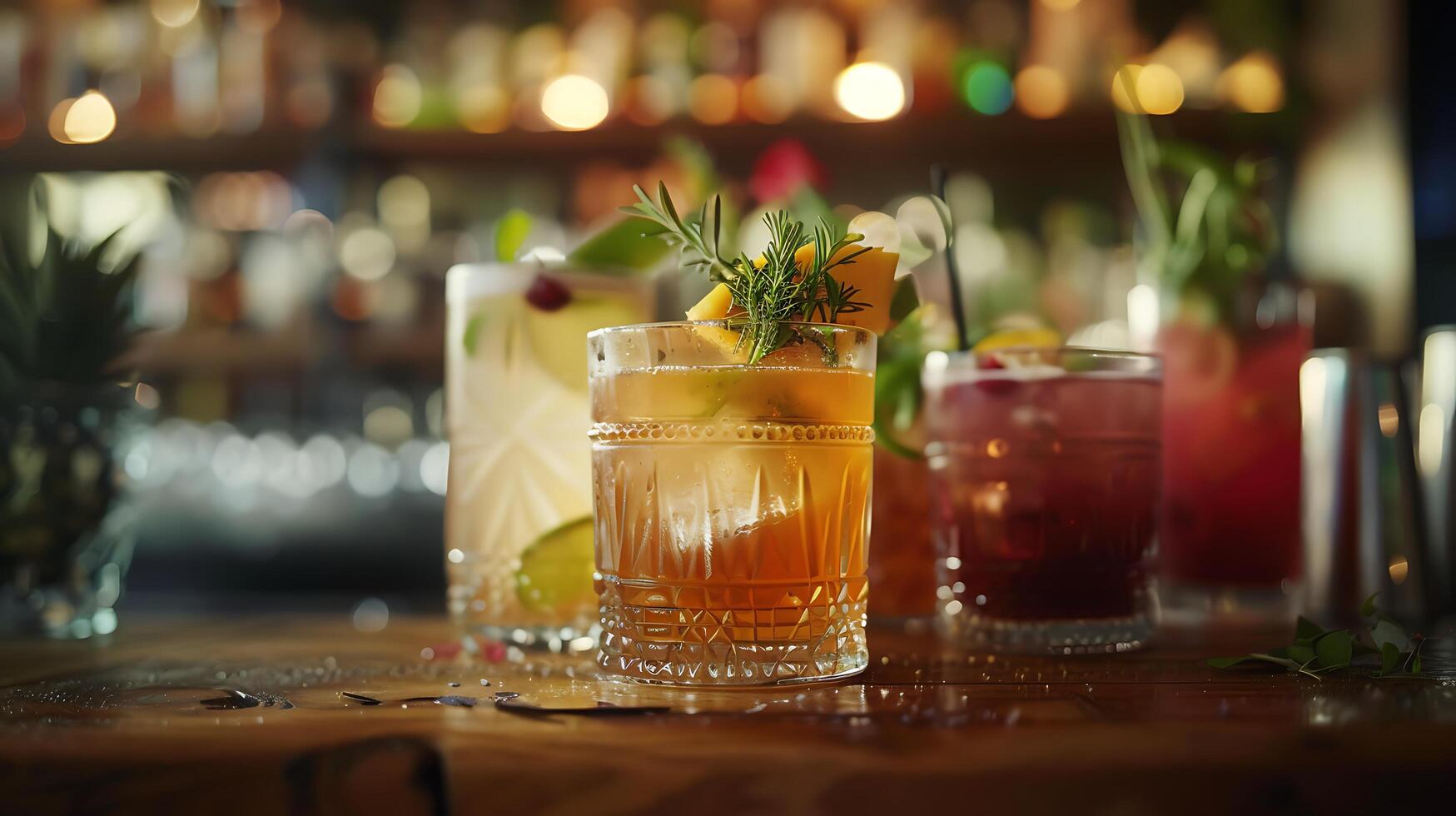 ai generato artigianale cocktail eleganza su un' di legno tavolo impostato nel elegante bar ambiance foto