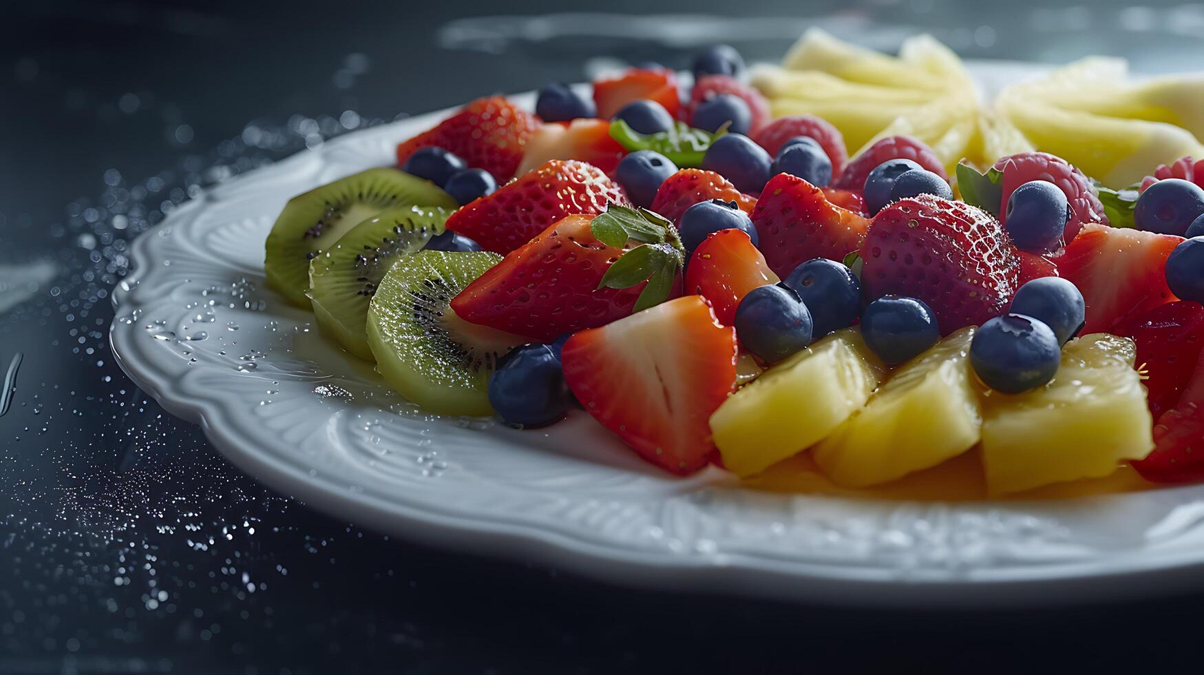 ai generato vivace frutta piatto in mostra fresco maturo frutta su bianca ceramica piatto catturato con macro lente foto