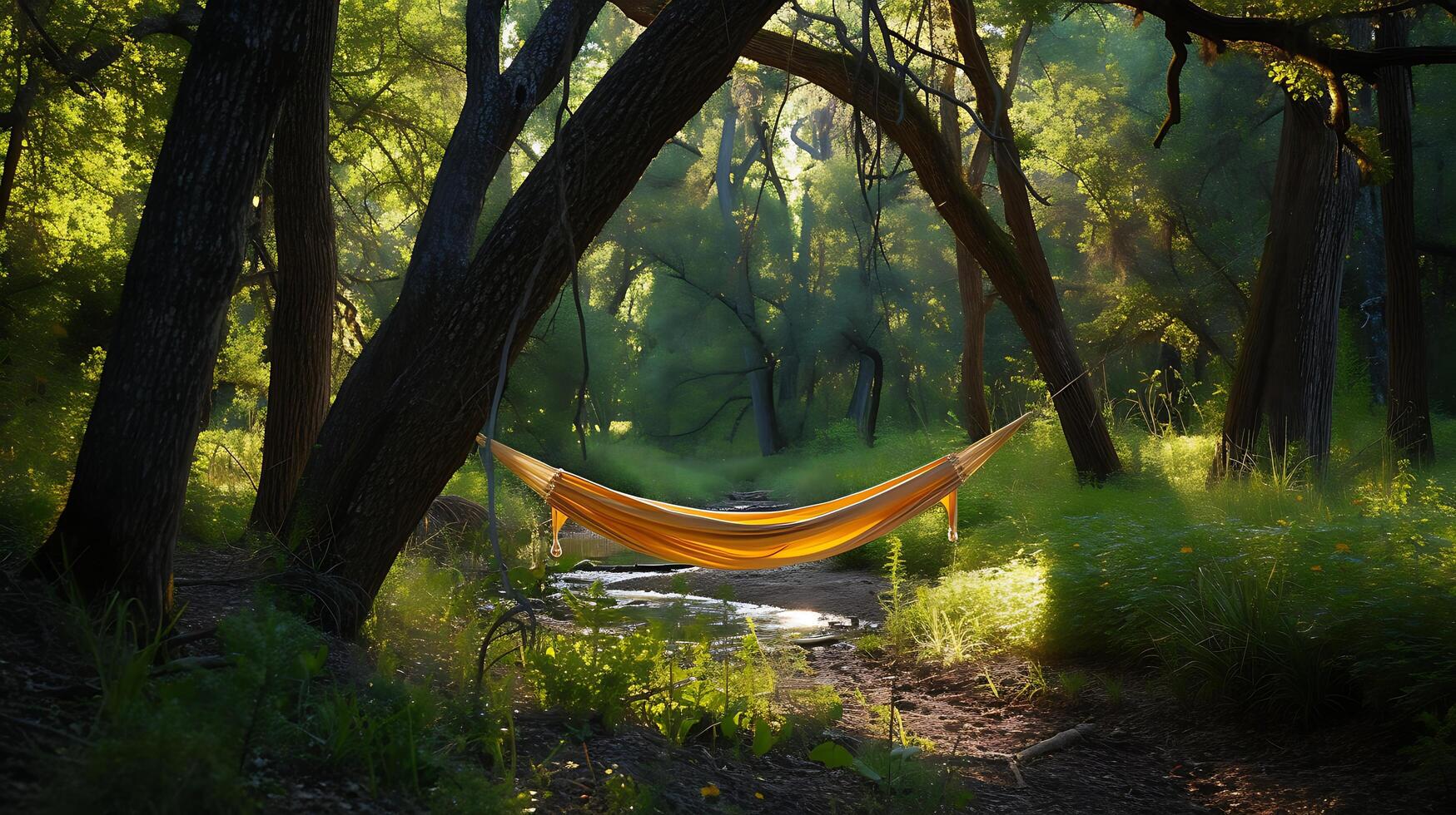 ai generato tranquillo foresta radura amaca ruscello yoga stuoia e nature nutrimento abbraccio foto