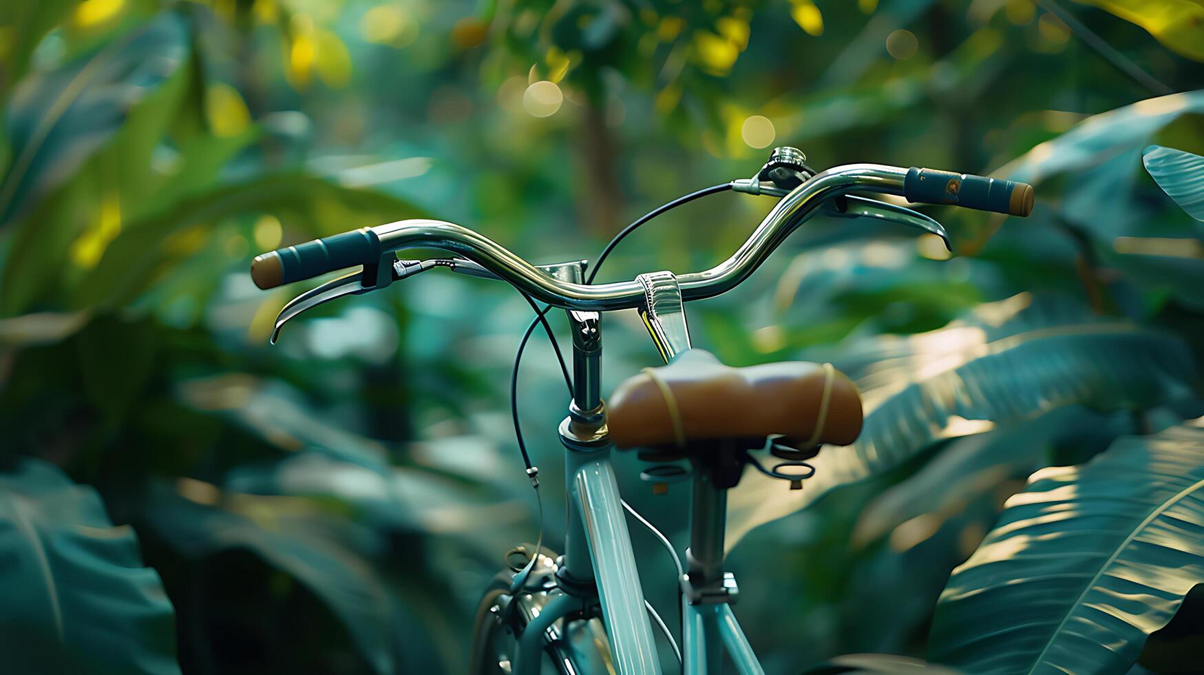 ai generato sereno bicicletta cavalcata attraverso lussureggiante verdura avvicinamento tiro cattura manubrio e davanti ruota foto