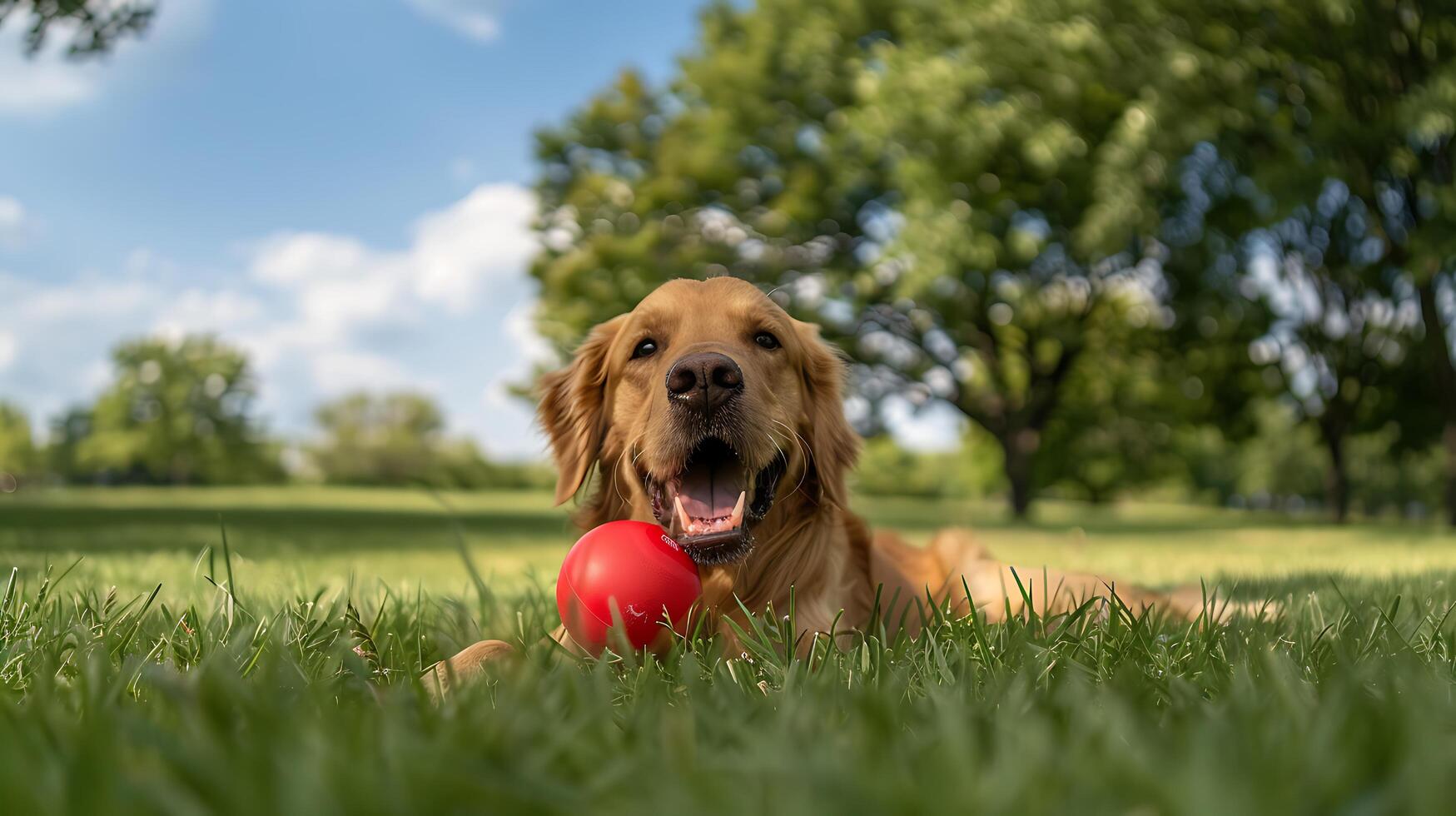 ai generato d'oro cane da riporto scherzosamente recupero nel lussureggiante parco con vivace blu cielo foto