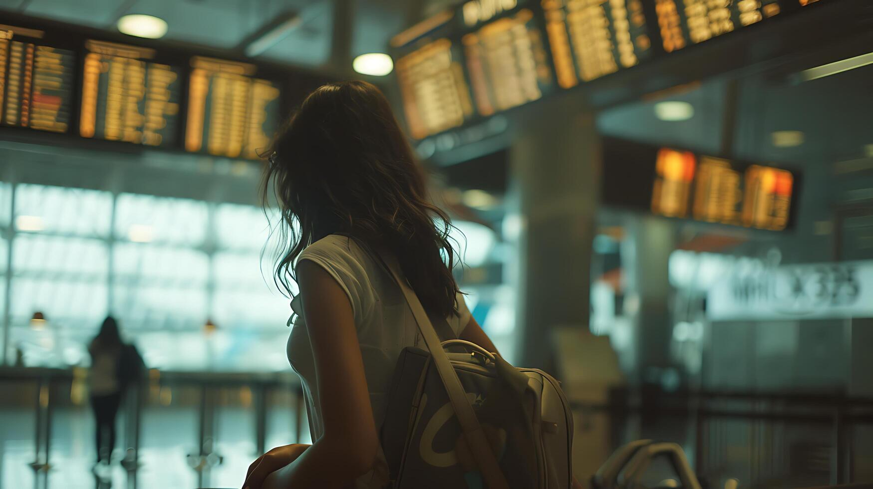 ai generato aeroporto avventura donna con proseguire in mezzo terminale trambusto sguardi a partenza tavola foto