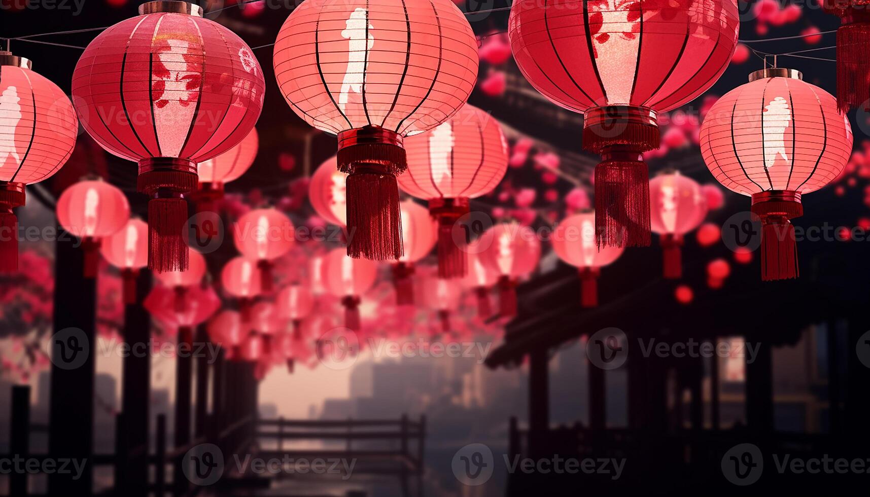 ai generato Cinese lanterne illuminare il notte, festeggiare tradizionale cultura all'aperto generato di ai foto