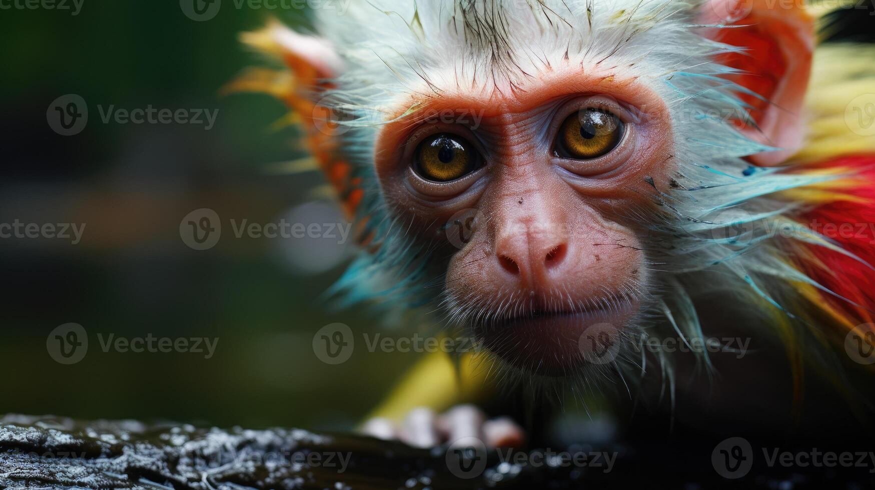 ai generato scimmia con occhi due volte come grande, ornato nel arcobaleno colori su tutti e due lati, ai generato. foto