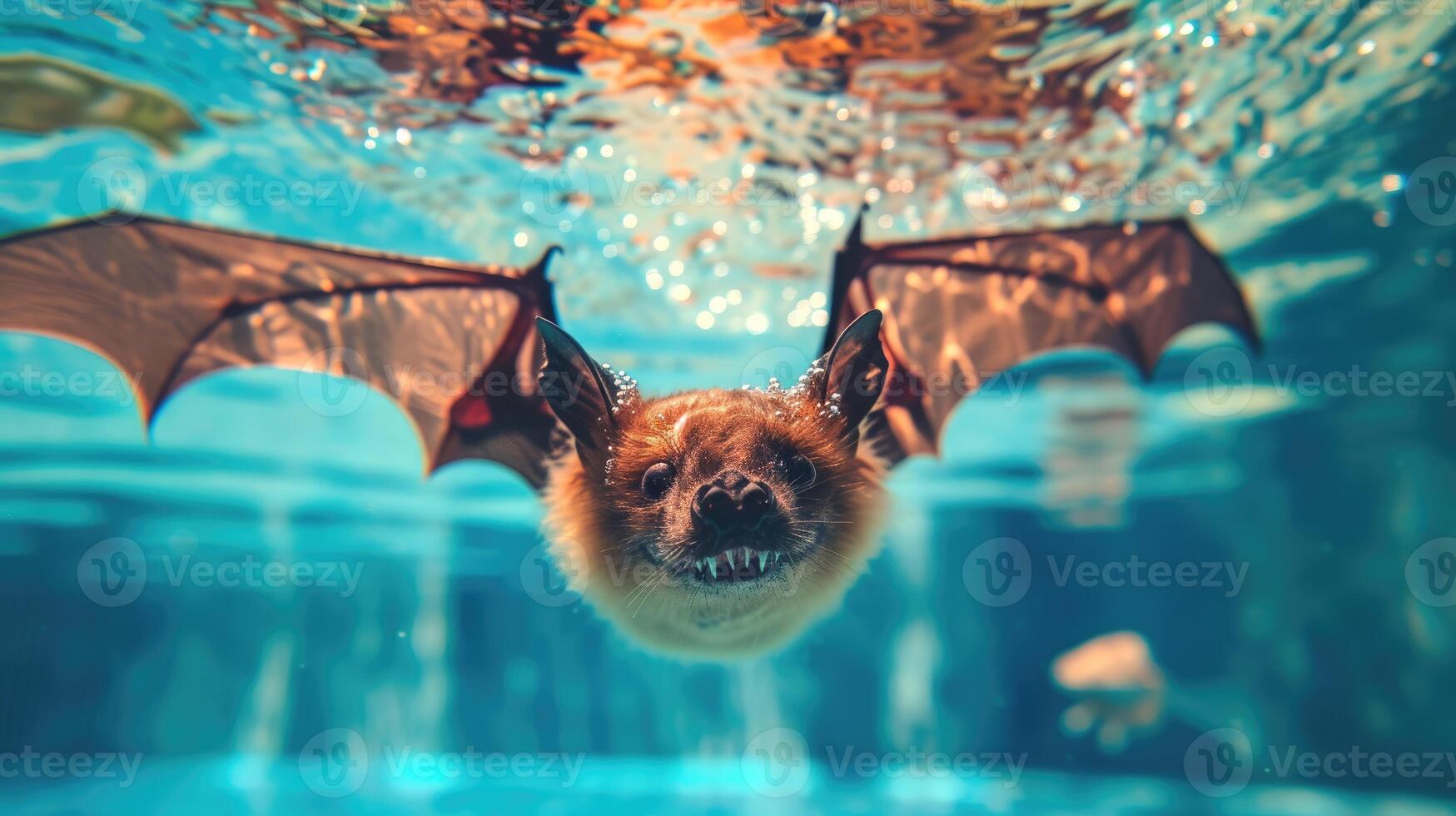 ai generato divertente subacqueo scena pipistrello nel piscina giochi in profondità tuffo azione, ai generato. foto