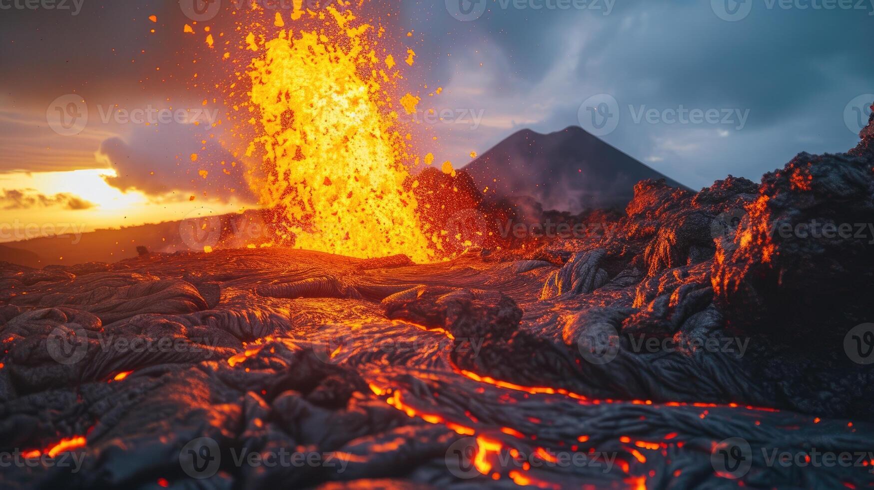 ai generato vulcanico eruzione con fluente lava crea un' ipnotizzante spettacolo. ai generato foto