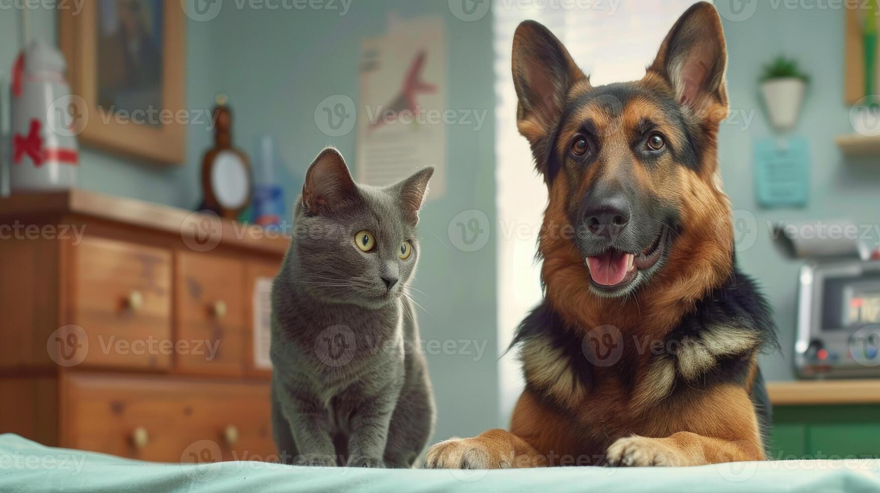 ai generato cane visite veterinario con attento gatto, ai generato foto