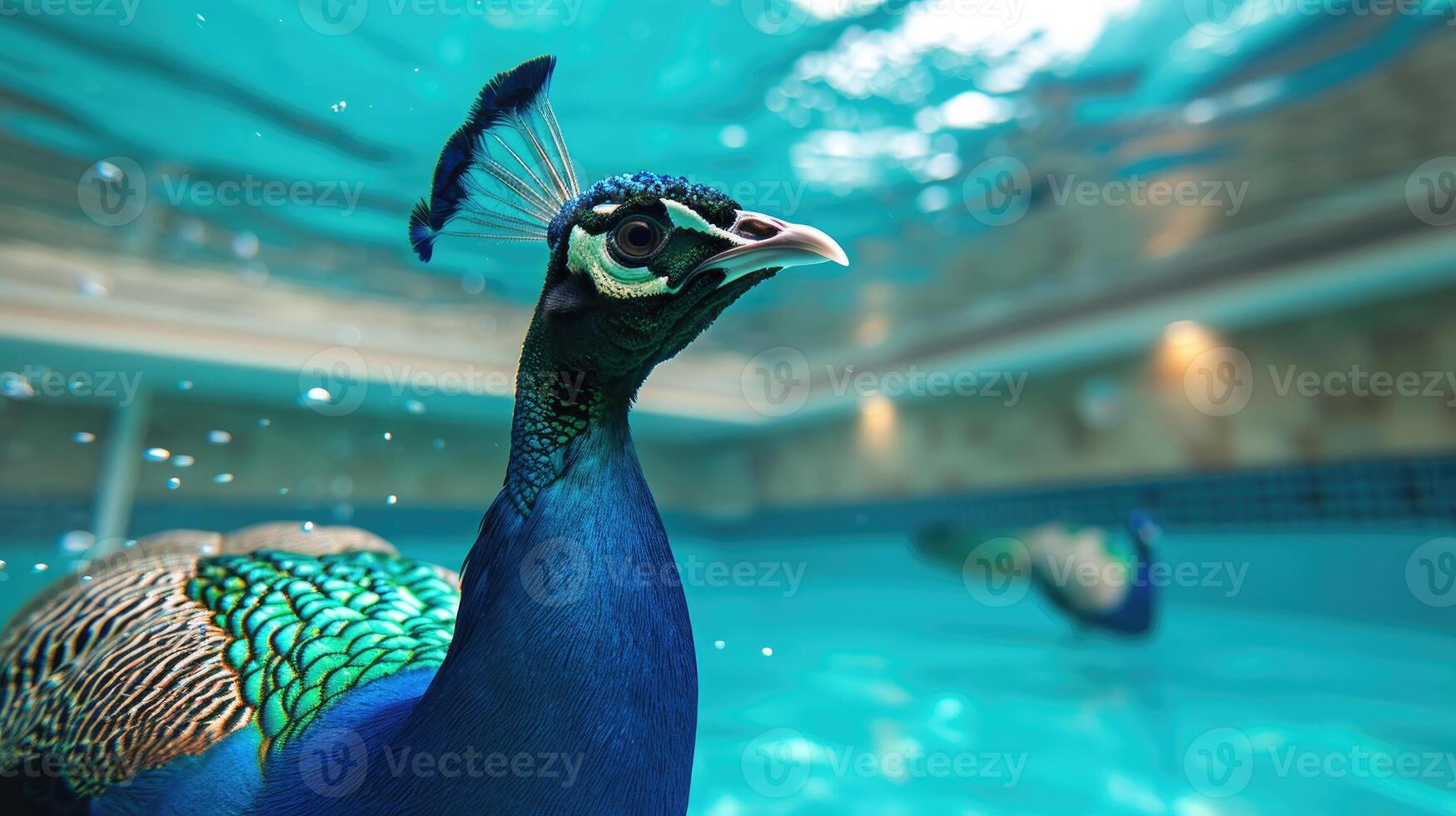 ai generato divertente subacqueo scena pavone nel piscina giochi in profondità tuffo azione, ai generato. foto
