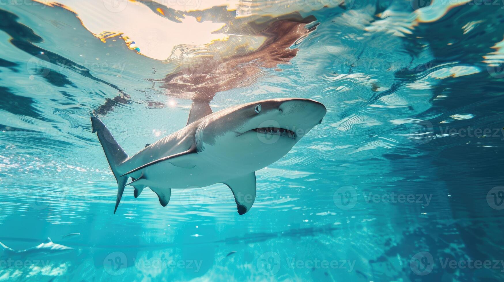 ai generato divertente subacqueo scena squalo nel piscina giochi in profondità tuffo azione, ai generato. foto