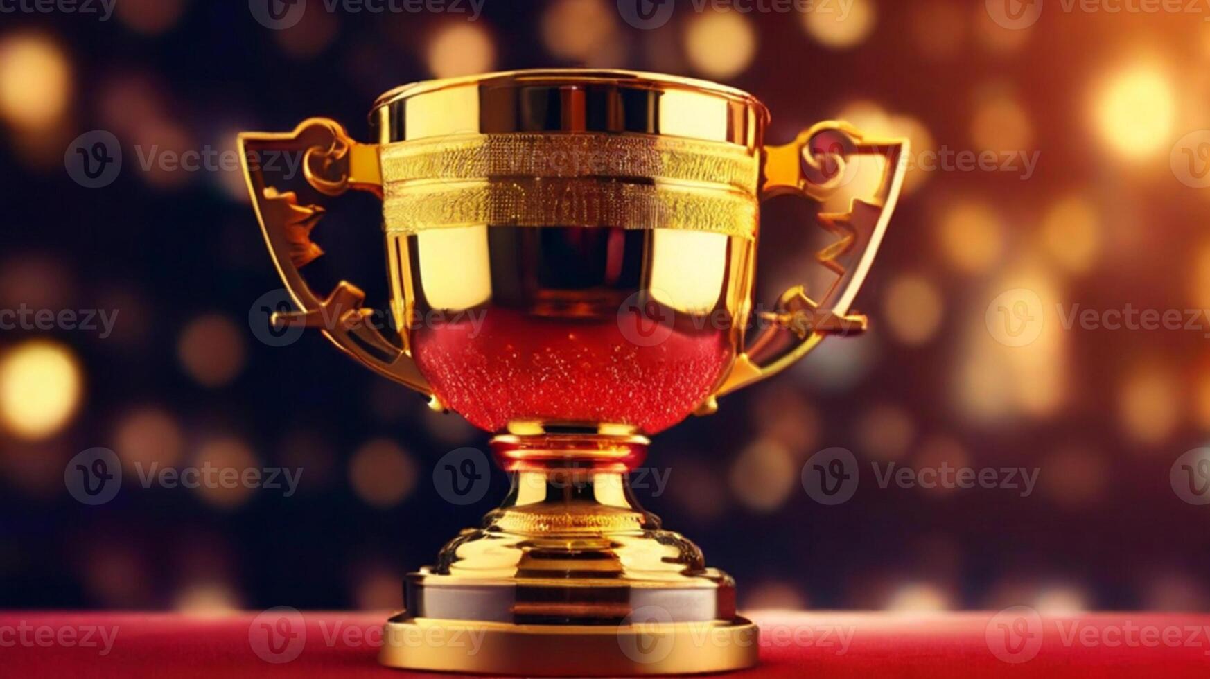 ai generato d'oro tazza premio premio trofeo per vincitore campione concorrenza copia spazio per testo su bokeh sfondo foto