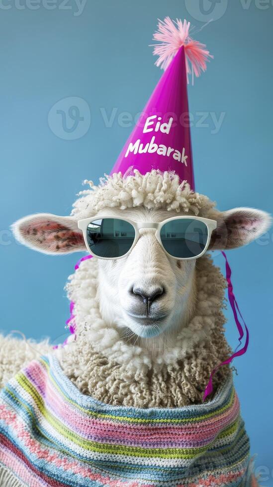 ai generato eid concetto pecora indossare un' festa cappello e occhiali da sole, con il testo eid mubarak foto