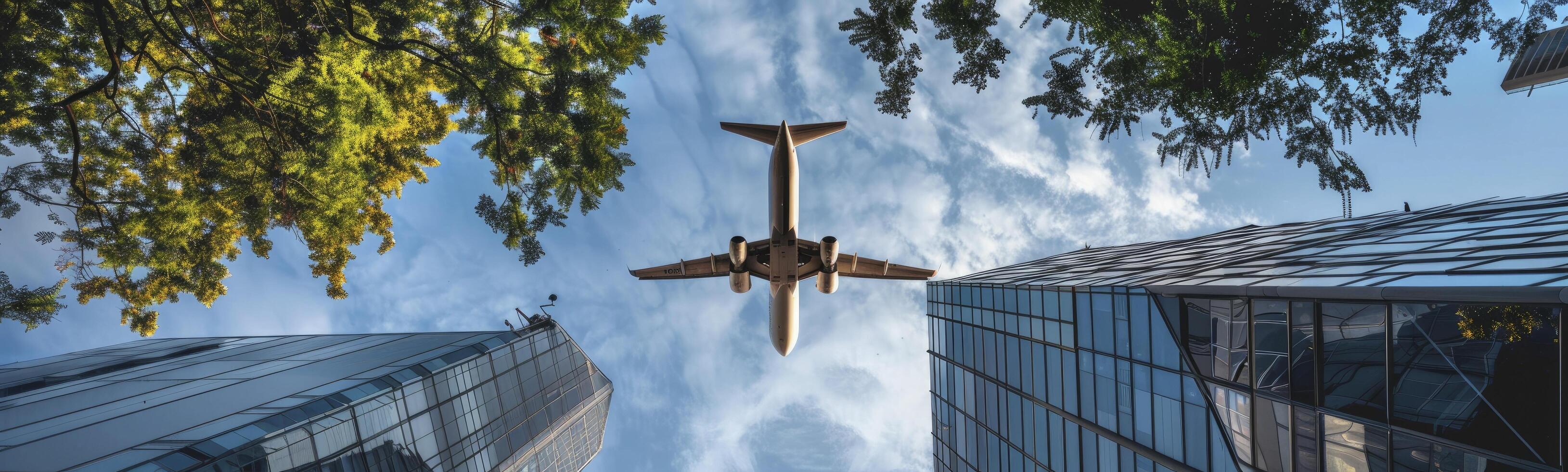 ai generato urbano oasi. commerciale edificio incorniciato di lussureggiante alberi con un' aereo Soaring sopra nel il cielo. foto