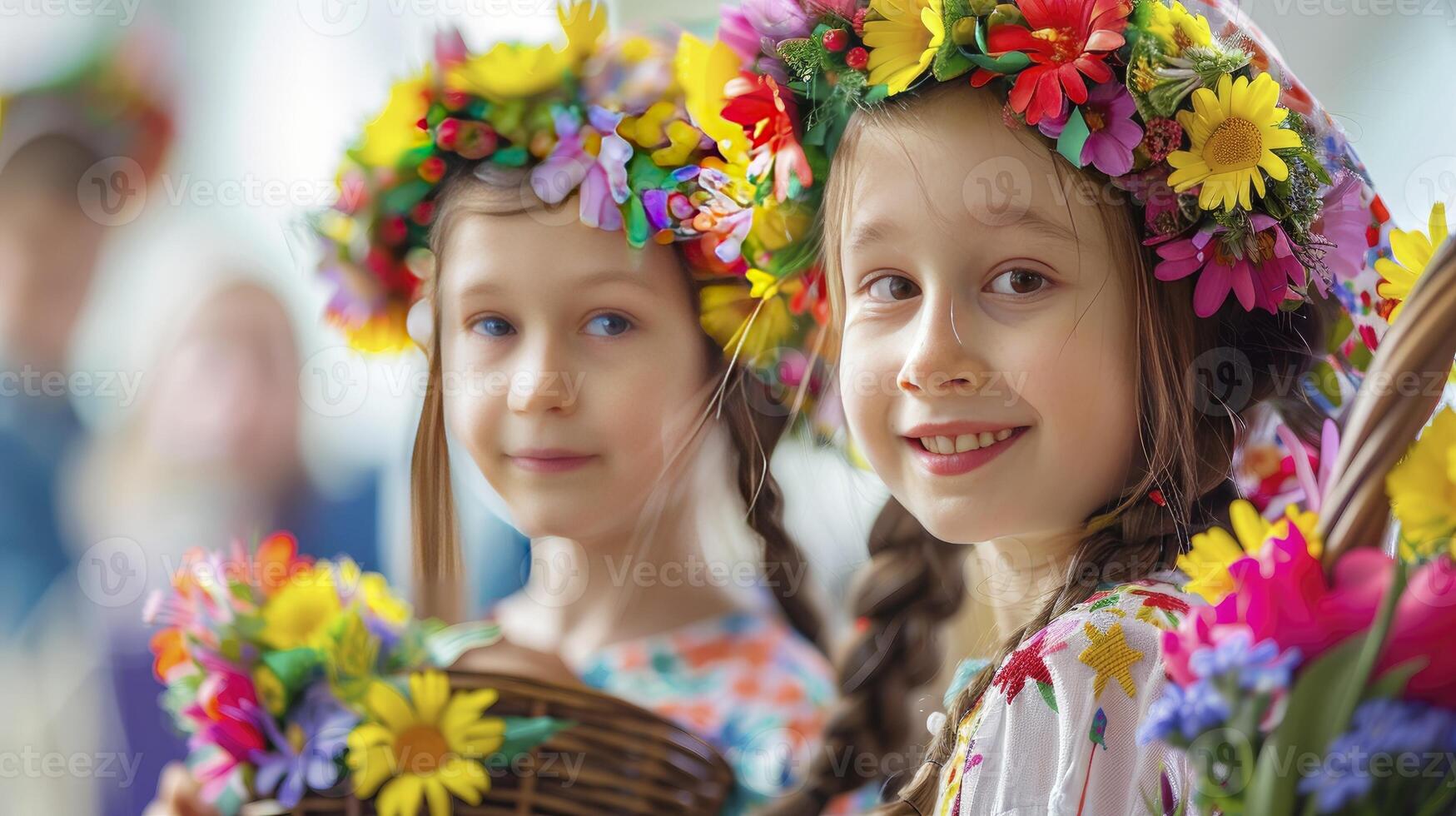 ai generato un' ragazza sorrisi e indossare colorato fiori su sua testa durante un all'aperto Festival nel primavera foto