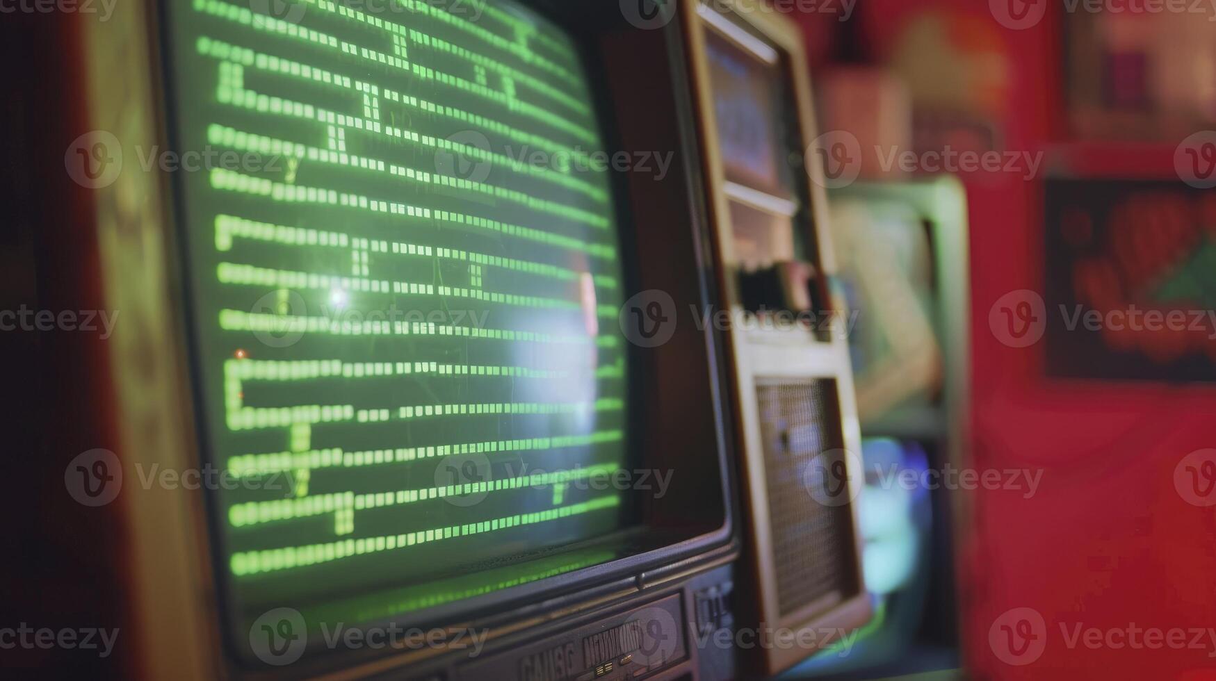 ai generato retrò gioco vibrazioni. avvicinamento di anni ottanta ispirato consolle portico video gioco su un' Vintage ▾ tv schermo. giocatore anticipa nuovo livello come verde progresso bar si sposta. foto