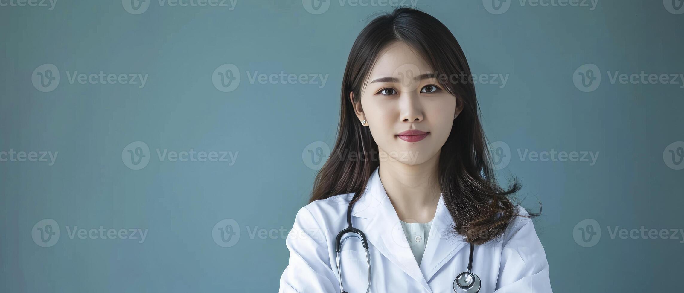 ai generato giovane asiatico medico donna. un' ritratto di professionalità e compassione nel assistenza sanitaria. foto