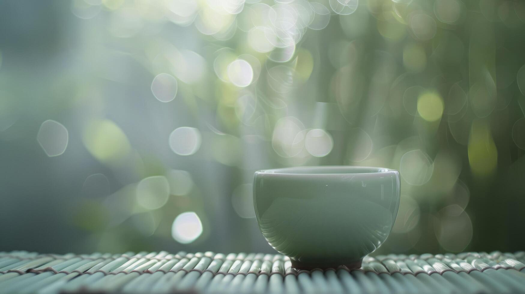 ai generato sereno eleganza, celadon porcellana tazza di tè in mezzo un' bambù circostante, morbido colori integrato di sognante bokeh sfondo foto