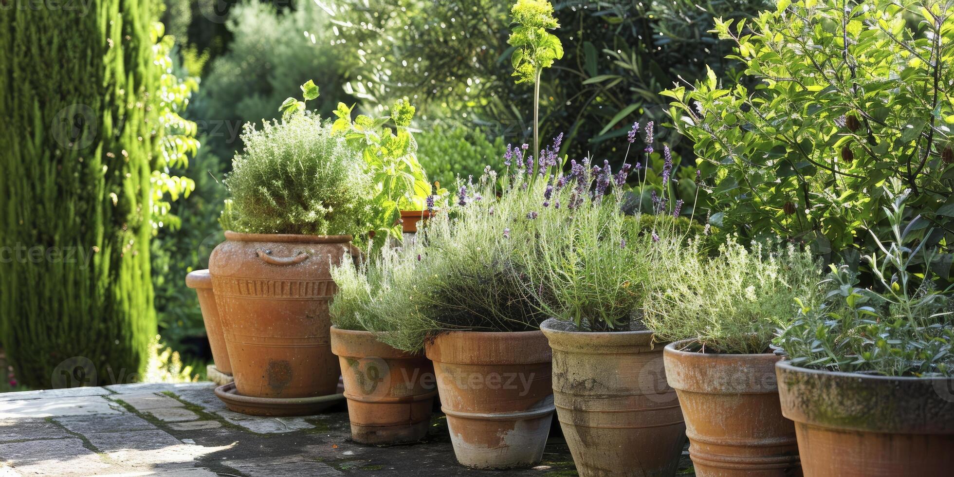 ai generato erbaceo porto. la creazione di un' giardino oasi di organizzazione erbe aromatiche nel rustico terracotta pentole. foto