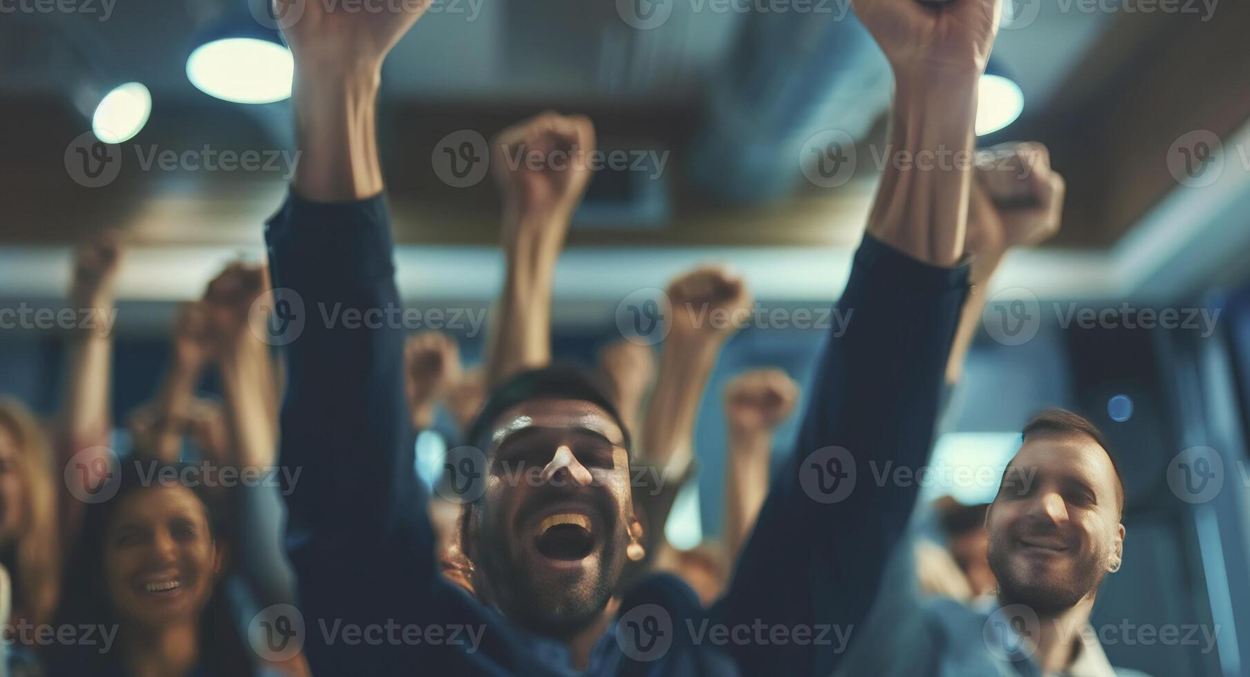 ai generato mani sollevato nel celebrazione. partecipanti nel il conferenza camera con gioia hold su loro mani per celebrare successo e risultato. foto