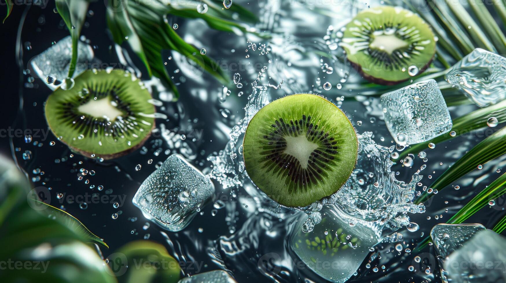 ai generato Kiwi frutta con ghiaccio cubi e verde le foglie su buio sfondo foto