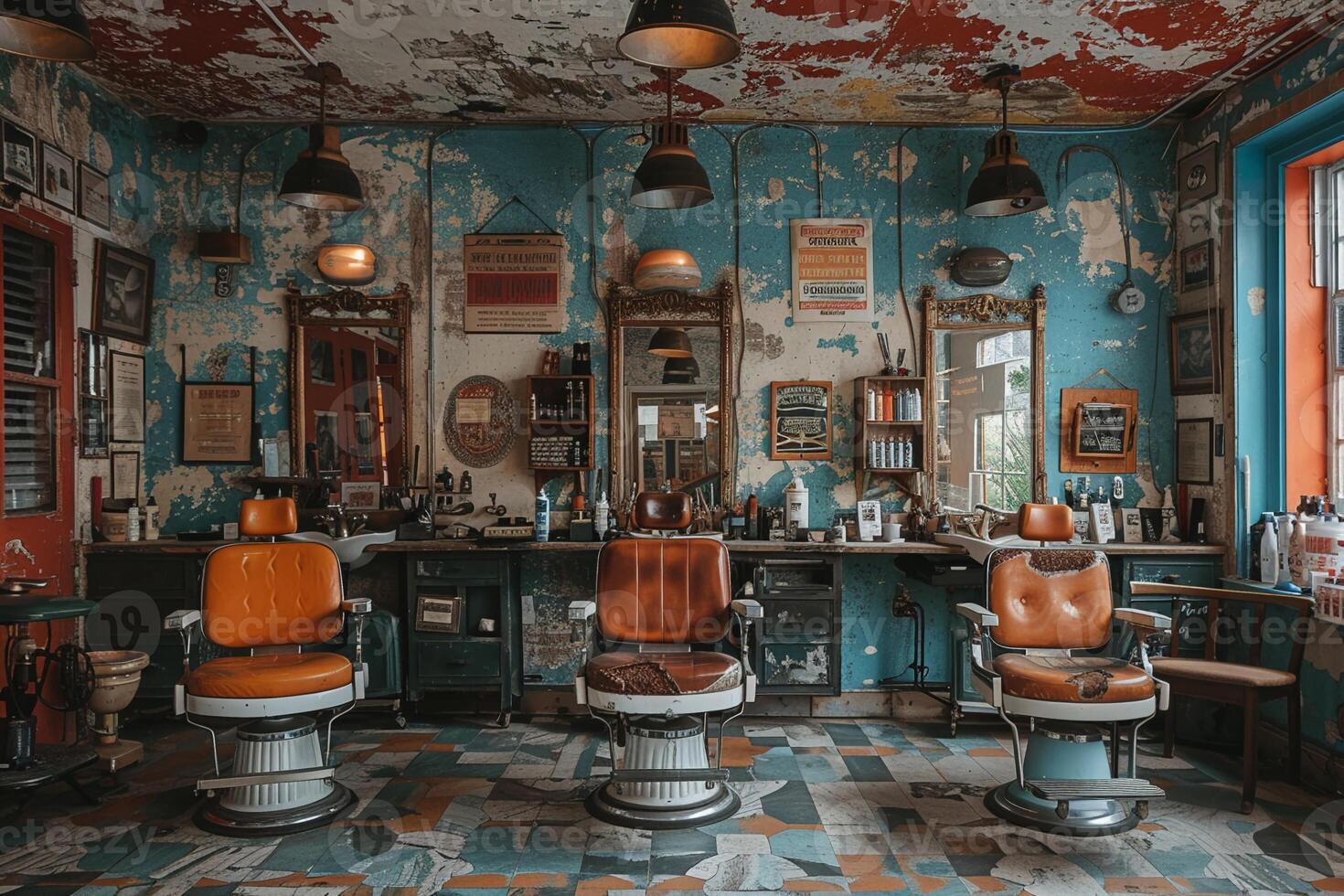 ai generato Vintage ▾ barbiere interno con classico sedie e nostalgico arredamento foto